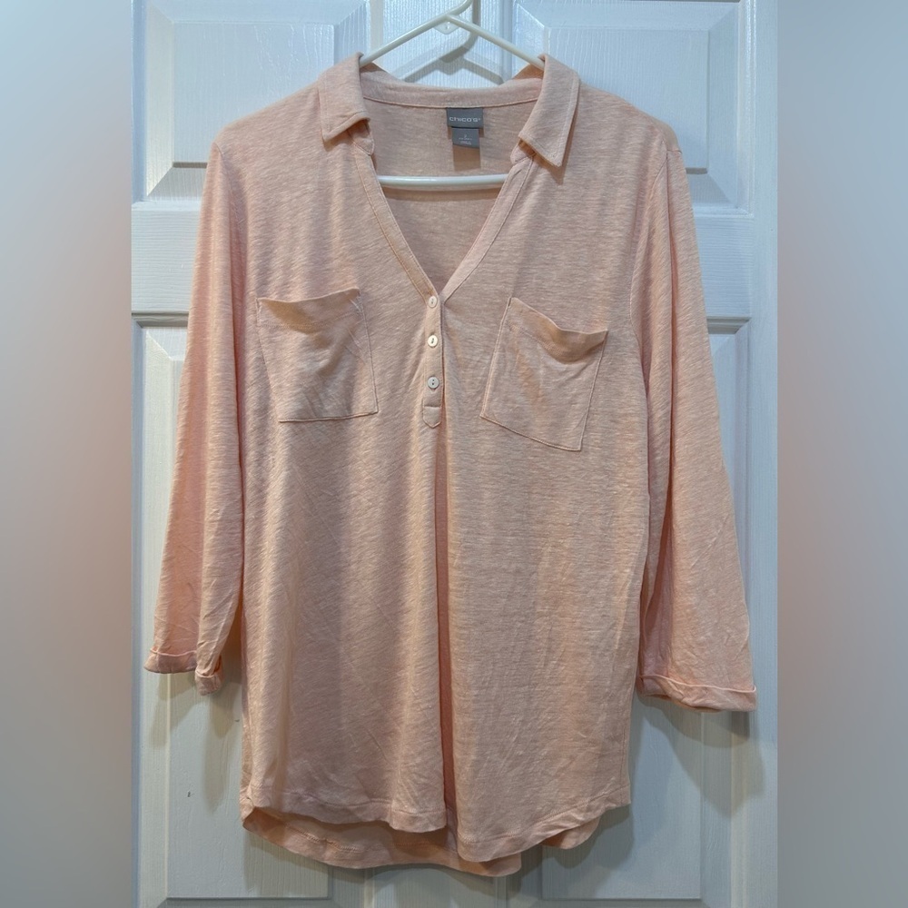 Chico's 100% Linen Pocket Top Sz 2 L Beachy Nautical Coastal Casual Preppy Peach